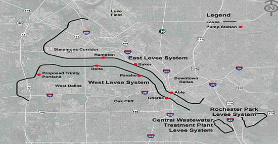 Map of the Dallas Floodway with existing and proposed pump stations