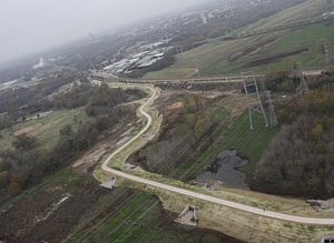 Aerial of Santa Fe trail looking west toward trailhead