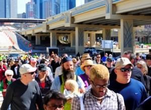 Crowds waiting to get on the brige