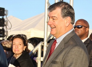 Mayor Mike Rawlings begins the Sunrise Dedication and Margaret Hunt Hill Bridge Ribbon Cutting